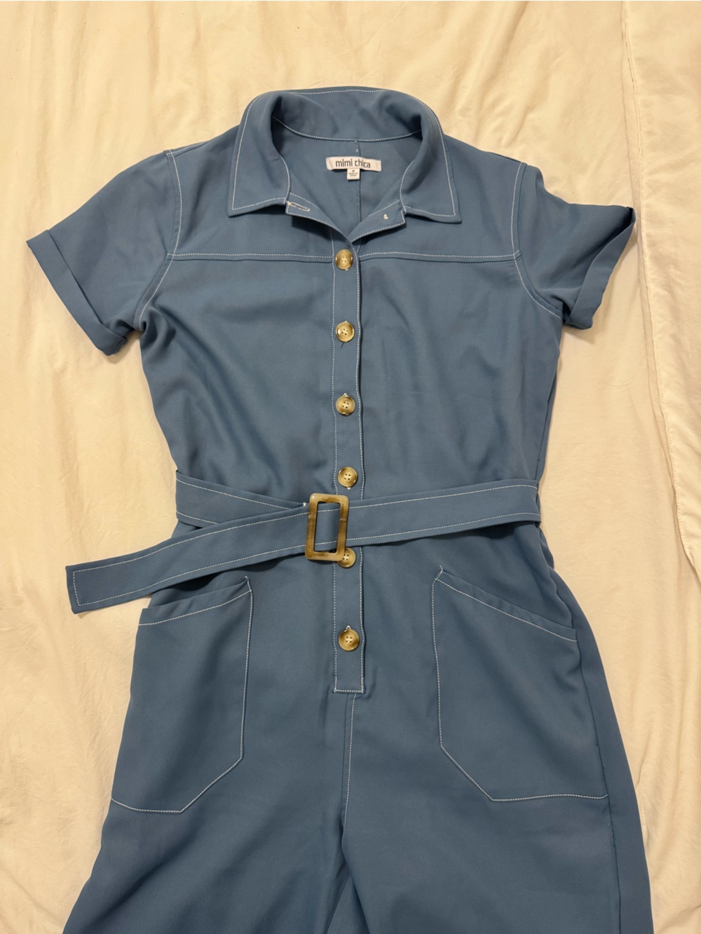 Blue Button Up Belted Jumpsuit